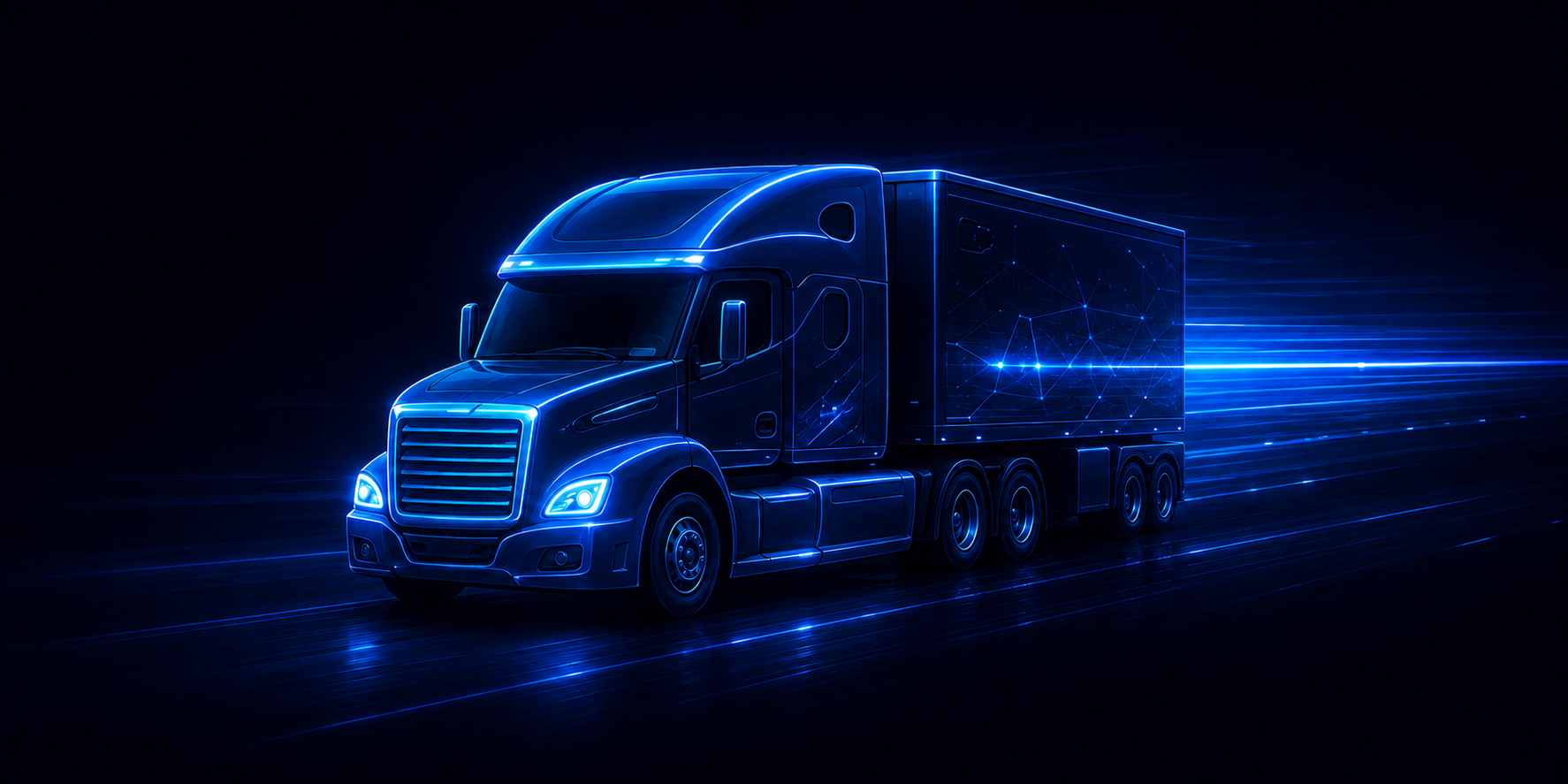 A FreightQ-branded semi truck on a connected digital roadway